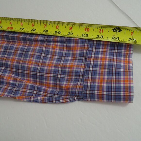 Faconnable Club Long Sleeve Blue Orange Plaid Button Down Shirt Men Size L - Picture 10 of 11